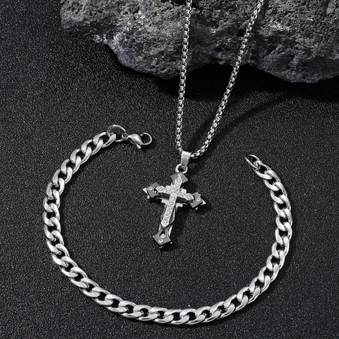 Collana Con Pendente A Croce In Acciaio Inossidabile E Combinazione Di Bracciale A Maglia Cubana Argento Con Strass Gioielli