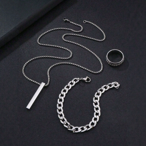 Herren Edelstahl Schmuckset Halskette Armband Ring Rechteck Stabanhänger Panzerkette Minimalistisch Punk Hip Hop Silberfarben