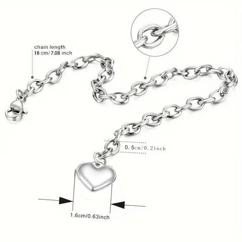 Pulsera con Colgante de Corazón de Acero Inoxidable para Mujer Pulsera de Cadena de Eslabones Redondos de Moda Simple Joyas