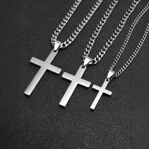 Hip Hop Stainless Steel Cross Pendant Necklace For Men Women Minimalist High Polished Silver Tone Cuban Link Chain Jewelry Gift