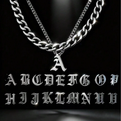 Gothic Initial Letter Pendant Necklace Double Layer Cuban Chain Stainless Steel Silver Hip Hop Jewelry For Men Women