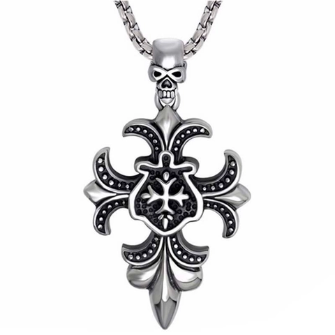 Gotisch Vintage Edelstahl Totenkopf Kreuz Anhänger Halskette Retro Fleur-De-Lis Relief Kette Schmuck Für Damen Herren Täglich Punk Geschenk