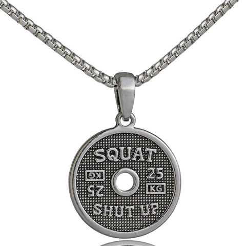 Collana con Pendente a Disco per Bilanciere Fitness Uomo Acciaio Inossidabile Lega Gioielli Palestra Squat Shut Up Inciso Regalo Sport