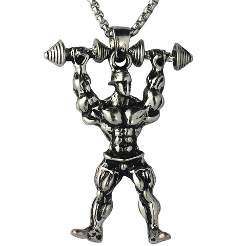 Men's Fitness Muscle Man Dumbbell Barbell Pendant Necklace Alloy Retro Electroplated Gym Weightlifter Sports Jewelry Gift