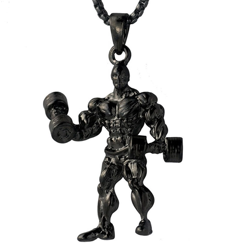 Men Fitness Bodybuilder Pendant Necklace Alloy Dumbbell Weightlifting Muscle Man Punk Sporty Jewelry Accessory For Workout Fans