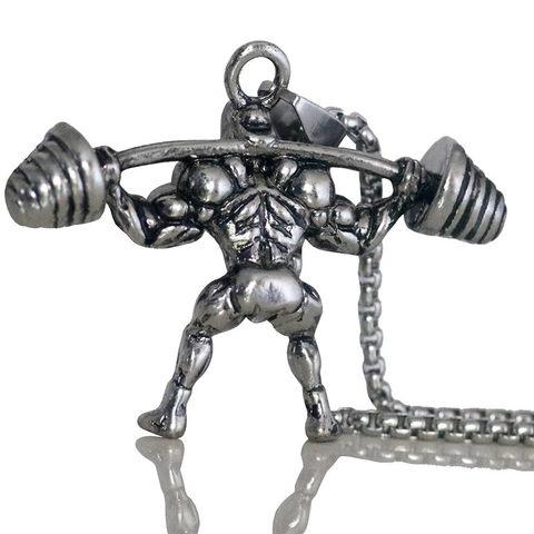 Collana con Ciondolo Uomo Muscoloso Sollevamento Pesi Fitness Argento Antico Acciaio Inossidabile Palestra Gioielli Regalo