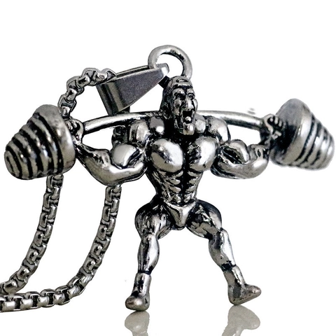Collana con Ciondolo Uomo Muscoloso Sollevamento Pesi Fitness Argento Antico Acciaio Inossidabile Palestra Gioielli Regalo