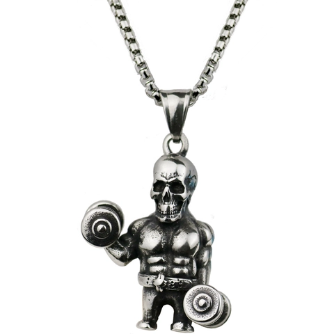 Hip Hop Fitness Schedel Bodybuilder Halter Hanger Halsketting Voor Heren Roestvrij Staal Legering Punk Gym Sieraden Goud Zilver