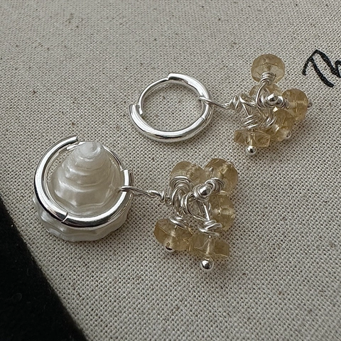 S925 Sterling Silver Niche Design Yellow Citrine Asymmetric Earrings For Women Vintage Shell Handmade Wire Wrapped Hoop Earrings