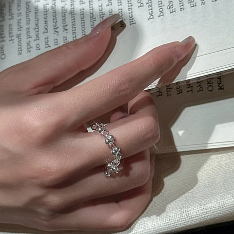 925 Sterling Silver Woven Beaded Ring For Women Minimalist White Crystal Geometric Round Bead Elastic Finger Ring Jewelry
