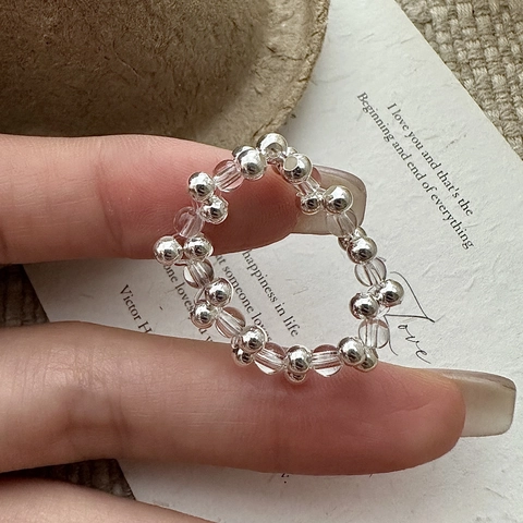 925 Sterling Silver Woven Beaded Ring For Women Minimalist White Crystal Geometric Round Bead Elastic Finger Ring Jewelry