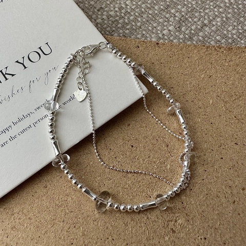 Braccialetto a Doppia Fascia con Perline in Argento Sterling 925 Con Ciondolo a Cuore Stile Coreano Gioielli in Strass per Donna