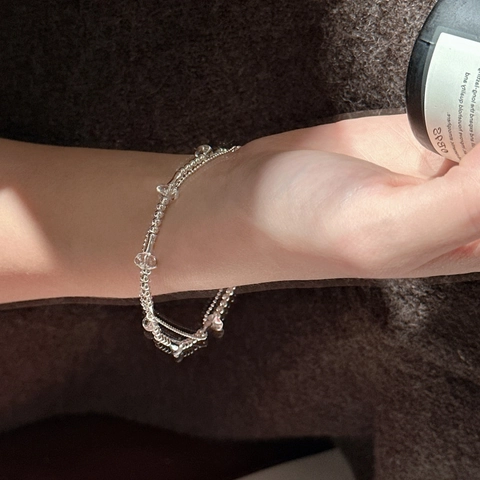 Braccialetto a Doppia Fascia con Perline in Argento Sterling 925 Con Ciondolo a Cuore Stile Coreano Gioielli in Strass per Donna