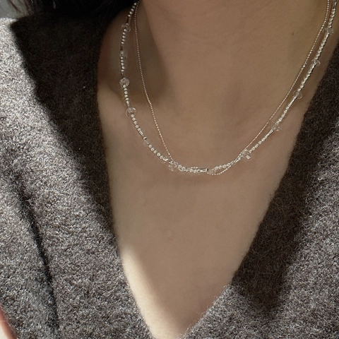 Vintage 925 Sterlingsilber Zweilagige Perlenkette Für Damen Unregelmäßiger Weißer Kristall Geometrischer Anhänger Schlüsselbeinkette