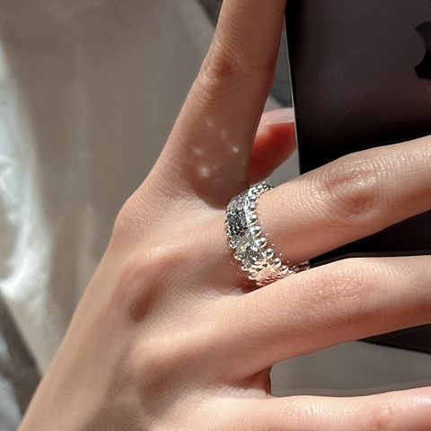 Anello Aperto Regolabile in Argento Sterling S925 Retrò CNC Design di Nicchia Texture Crosta di Ghiaccio Bordo Perlato Gioiello Donna