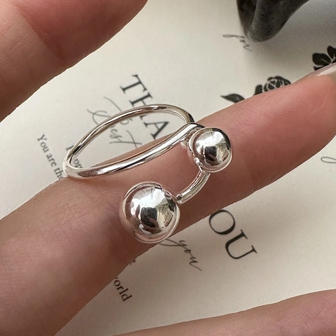 S925 Sterlingsilber Perlen Offener Ring Minimalistisch Doppel Ball Verstellbar Ring Für Damen Koreanischer Stil Modeschmuck