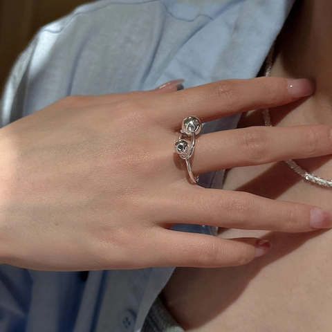 S925 Sterlingsilber Perlen Offener Ring Minimalistisch Doppel Ball Verstellbar Ring Für Damen Koreanischer Stil Modeschmuck
