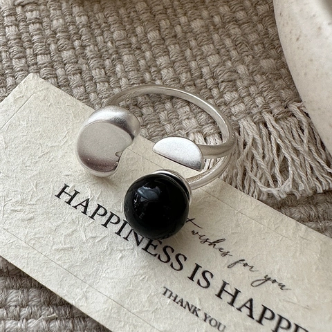 S925 Sterling Silver Vintage Black Agate Open Ring For Women Minimalist Geometric Bean Shape Adjustable INS Style Jewelry