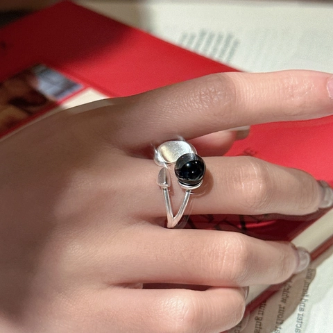 S925 Sterling Silver Vintage Black Agate Open Ring For Women Minimalist Geometric Bean Shape Adjustable INS Style Jewelry