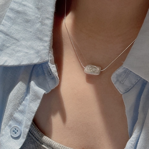 925 Sterling Silver Baroque Artificial Pearl Necklace Rectangular Pendant Minimalist Snake Chain For Women Daily Jewelry Gift
