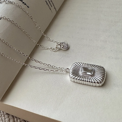 S925 Sterling Silver Rectangular Zirconia Pendant Necklace For Women Retro Korean Minimalist Style Sunburst Chain Jewelry