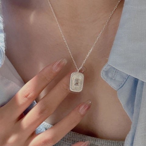 S925 Sterling Silver Rectangular Zirconia Pendant Necklace For Women Retro Korean Minimalist Style Sunburst Chain Jewelry