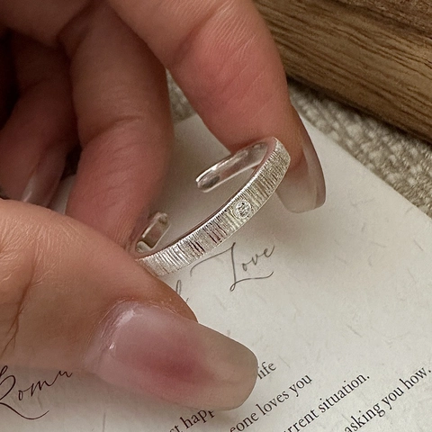 Bague Réglable en Argent Sterling S925 pour Femme Design Coréen de Niche Texture Brossée Strass Bague de Doigt Bijoux Rétro Cadeau