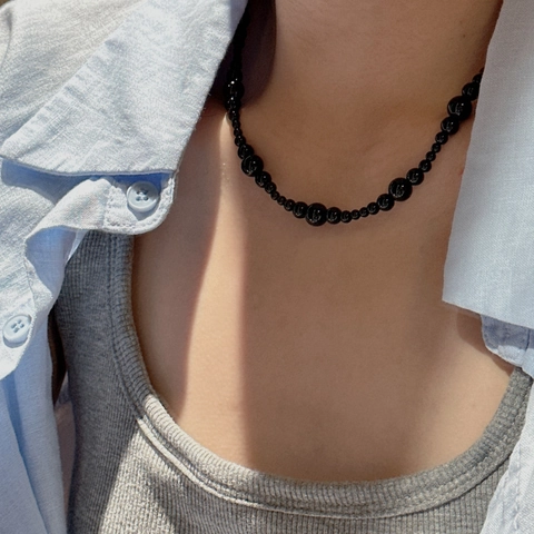 Collana Vintage in Argento Sterling 925 con Perline Nere Sfumate per Donna Collana Minimalista Stile Coreano Gioielli