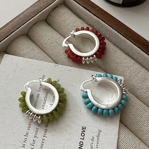 S925 Sterling Silber Perlen Creolen Für Damen Retro Koreanisches Design Bunte Naturstein Perlen Ohrringe Schmuck Geschenk