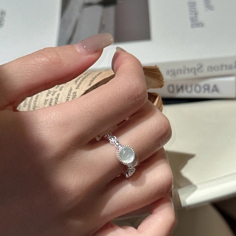 Anello Aperto in Argento Sterling 925 per Donna Minimalista Coreano Regolabile con Giada d'Acqua Anello Vintage Regalo Gioielli
