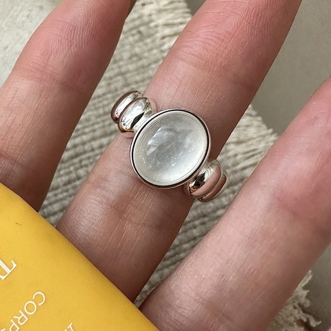Anello Regolabile in Argento Sterling S925 Con Pietra Bianca Ovale per Donna Gioiello Aperto Strutturato Minimalista Vintage Coreano