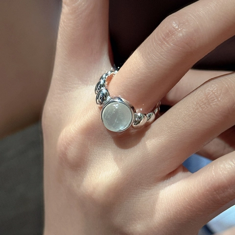 Anello Regolabile in Argento Sterling S925 Con Pietra Bianca Ovale per Donna Gioiello Aperto Strutturato Minimalista Vintage Coreano