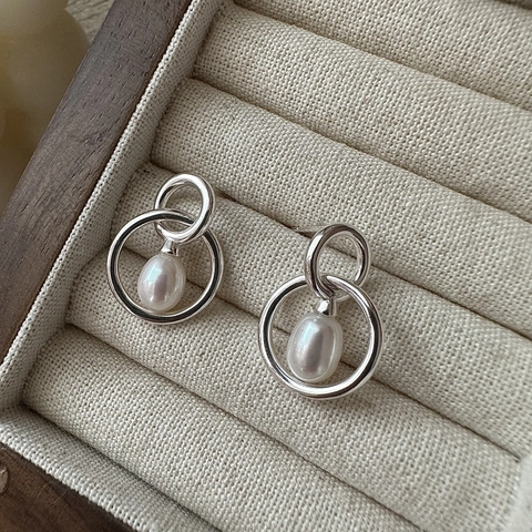 925 Sterling Silver Double Circle Pearl Drop Earrings For Women Elegant Minimalist Freshwater Pearl Earrings Fashion Jewelry