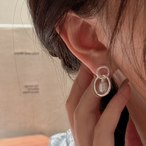 925 Sterling Silver Double Circle Pearl Drop Earrings For Women Elegant Minimalist Freshwater Pearl Earrings Fashion Jewelry