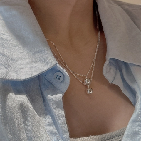 925 Sterlingsilber Doppellagige Halskette Für Damen Minimalistische Geometrische Kugel Anhänger Retro Koreanischer Stil Schmuck