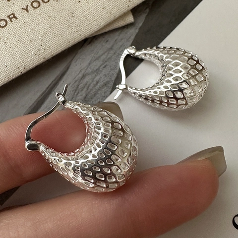 Boucles d'Oreilles Goutte Ajourées en Argent Sterling S925 pour Femmes Vintage 3D Maille Géométrique Boucles d'Oreilles en Forme de U Bijoux