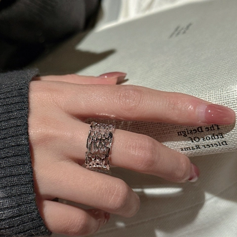 925 Sterling Silver Hollow Out Geometric Open Ring For Women Personalized Korean Style Adjustable Glinting Minimalist Finger Ring