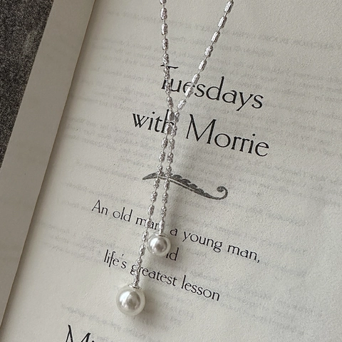 S925 Sterling Silver Y-Shaped Tassel Necklace For Women Korean Minimalist Artificial Pearl Pendant Clavicle Chain Jewelry