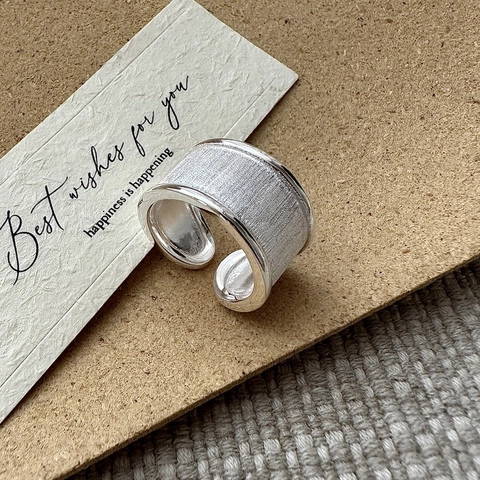 925 Sterling Silver Brushed Satin Ring For Women Korean Minimalist Retro Style Adjustable Open Band Finger Jewelry