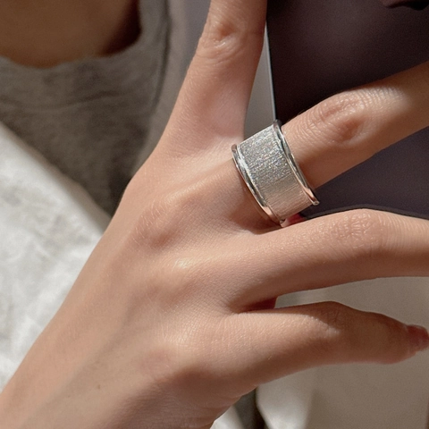 925 Sterling Silver Brushed Satin Ring For Women Korean Minimalist Retro Style Adjustable Open Band Finger Jewelry