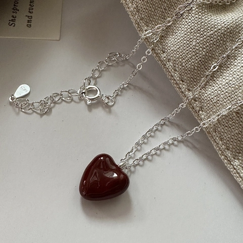 Collana con Ciondolo a Cuore Rosso in Smalto Argento Sterling 925 per Donna Retro Stile Coreano Catena Clavicola Regolabile