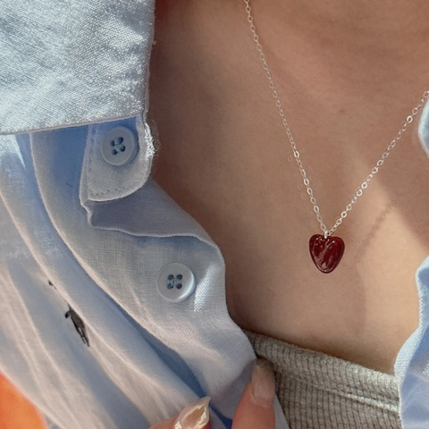 Collana con Ciondolo a Cuore Rosso in Smalto Argento Sterling 925 per Donna Retro Stile Coreano Catena Clavicola Regolabile