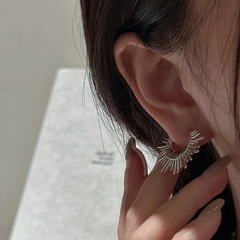 S925 Sterling Silver Fan Shaped Sunburst Stud Earrings For Women Vintage Textured C Shaped Radiating Line Earrings Jewelry