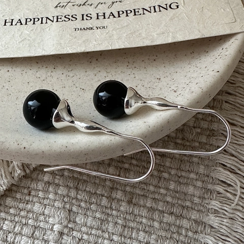 Vintage 925 Sterling Silver Black Agate Drop Earrings For Women Minimalist Geometric Hook Earrings Korean Style Jewelry Gift