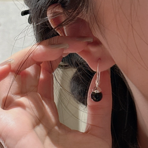 Vintage 925 Sterling Silver Black Agate Drop Earrings For Women Minimalist Geometric Hook Earrings Korean Style Jewelry Gift