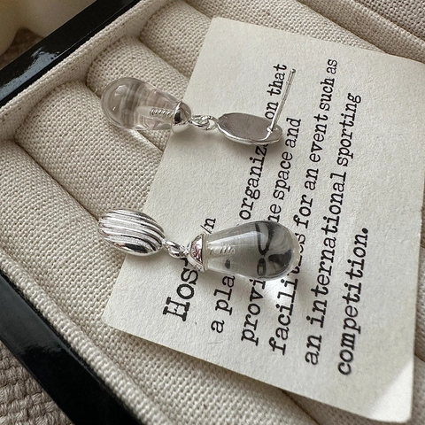 925 Sterling Silver Striped Water Drop Earrings For Women Simple Vintage Niche Design Clear Rhinestone Drop Earrings Jewelry