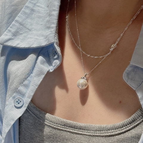 Collar de Doble Capa de Plata de Ley S925 para Mujer Estilo Coreano Colgante de Perla Artificial Choker Minimalista