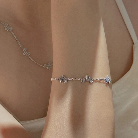 925 Sterling Silver Minimalist Heart Four-Leaf Clover Charm Bracelet For Women Adjustable Rhinestone Laser Chain Jewelry