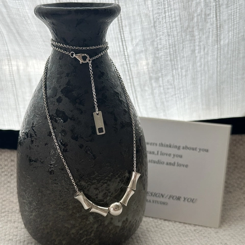 Collana in Argento Sterling S925 a Forma di Bambù Per Donna Design Minimalista Retrò Perline Geometriche Catena Gioielli