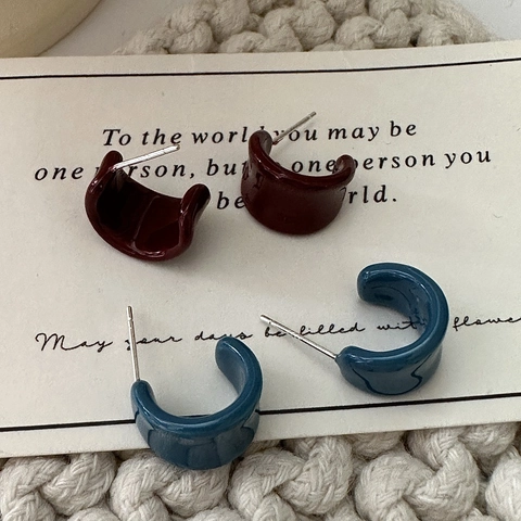Pendientes de Aro en Forma de C de Plata de Ley 925 Esmalte Vintage Minimalista Coreano Geométricos Esmaltados Mujer Joyería